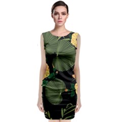 Tropical vintage yellow hibiscus floral green leaves seamless pattern black background. Sleeveless Velvet Midi Dress