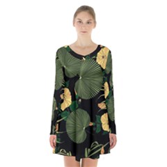 Tropical vintage yellow hibiscus floral green leaves seamless pattern black background. Long Sleeve Velvet V-neck Dress