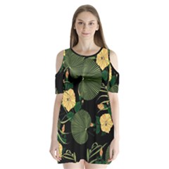 Tropical vintage yellow hibiscus floral green leaves seamless pattern black background. Shoulder Cutout Velvet One Piece