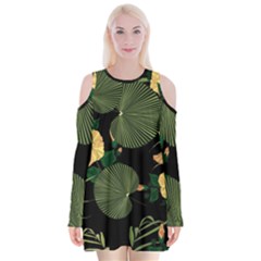 Tropical Vintage Yellow Hibiscus Floral Green Leaves Seamless Pattern Black Background  Velvet Long Sleeve Shoulder Cutout Dress by Sobalvarro