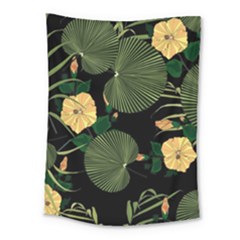 Tropical vintage yellow hibiscus floral green leaves seamless pattern black background. Medium Tapestry