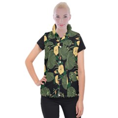 Tropical vintage yellow hibiscus floral green leaves seamless pattern black background. Women s Button Up Vest