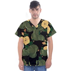 Tropical vintage yellow hibiscus floral green leaves seamless pattern black background. Men s V-Neck Scrub Top