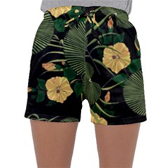 Tropical vintage yellow hibiscus floral green leaves seamless pattern black background. Sleepwear Shorts