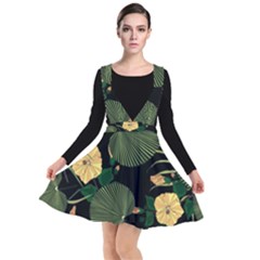 Tropical vintage yellow hibiscus floral green leaves seamless pattern black background. Plunge Pinafore Dress