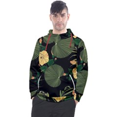 Tropical vintage yellow hibiscus floral green leaves seamless pattern black background. Men s Pullover Hoodie