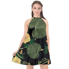 Tropical vintage yellow hibiscus floral green leaves seamless pattern black background. Halter Neckline Chiffon Dress 