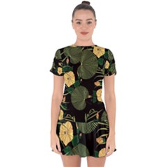 Tropical Vintage Yellow Hibiscus Floral Green Leaves Seamless Pattern Black Background  Drop Hem Mini Chiffon Dress by Sobalvarro