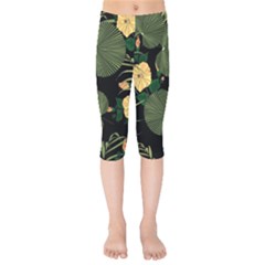 Tropical vintage yellow hibiscus floral green leaves seamless pattern black background. Kids  Capri Leggings 