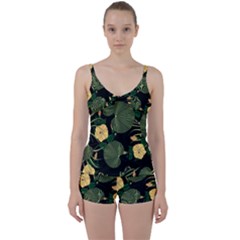 Tropical vintage yellow hibiscus floral green leaves seamless pattern black background. Tie Front Two Piece Tankini