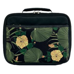 Tropical vintage yellow hibiscus floral green leaves seamless pattern black background. Lunch Bag