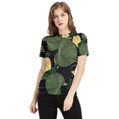 Tropical vintage yellow hibiscus floral green leaves seamless pattern black background. Women s Short Sleeve Rash Guard