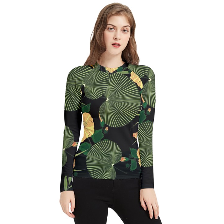 Tropical vintage yellow hibiscus floral green leaves seamless pattern black background. Women s Long Sleeve Rash Guard