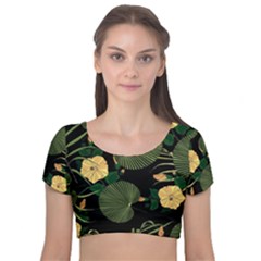 Tropical Vintage Yellow Hibiscus Floral Green Leaves Seamless Pattern Black Background  Velvet Short Sleeve Crop Top  by Sobalvarro