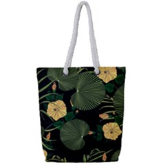 Tropical vintage yellow hibiscus floral green leaves seamless pattern black background. Full Print Rope Handle Tote (Small)