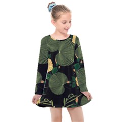 Tropical vintage yellow hibiscus floral green leaves seamless pattern black background. Kids  Long Sleeve Dress