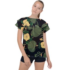 Tropical vintage yellow hibiscus floral green leaves seamless pattern black background. Ruffle Collar Chiffon Blouse