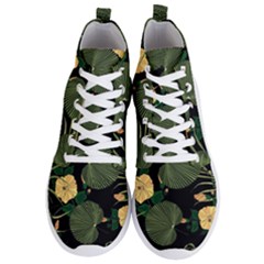 Tropical Vintage Yellow Hibiscus Floral Green Leaves Seamless Pattern Black Background  Men s Lightweight High Top Sneakers by Sobalvarro