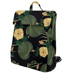 Tropical vintage yellow hibiscus floral green leaves seamless pattern black background. Flap Top Backpack