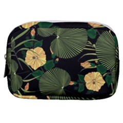 Tropical vintage yellow hibiscus floral green leaves seamless pattern black background. Make Up Pouch (Small)