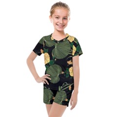 Tropical vintage yellow hibiscus floral green leaves seamless pattern black background. Kids  Mesh Tee and Shorts Set