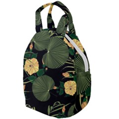 Tropical vintage yellow hibiscus floral green leaves seamless pattern black background. Travel Backpacks