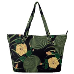 Tropical vintage yellow hibiscus floral green leaves seamless pattern black background. Full Print Shoulder Bag