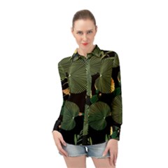 Tropical vintage yellow hibiscus floral green leaves seamless pattern black background. Long Sleeve Chiffon Shirt