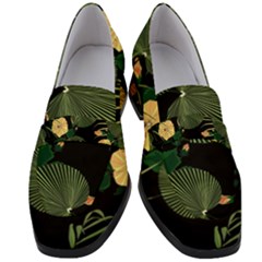 Tropical vintage yellow hibiscus floral green leaves seamless pattern black background. Women s Chunky Heel Loafers