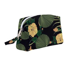 Tropical vintage yellow hibiscus floral green leaves seamless pattern black background. Wristlet Pouch Bag (Medium)