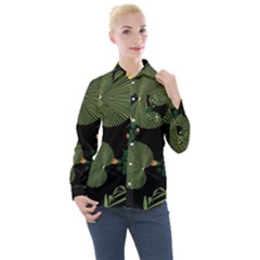 Tropical vintage yellow hibiscus floral green leaves seamless pattern black background. Women s Long Sleeve Pocket Shirt