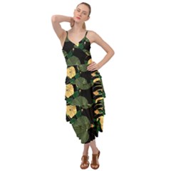 Tropical vintage yellow hibiscus floral green leaves seamless pattern black background. Layered Bottom Dress