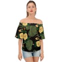 Tropical vintage yellow hibiscus floral green leaves seamless pattern black background. Off Shoulder Short Sleeve Top View1