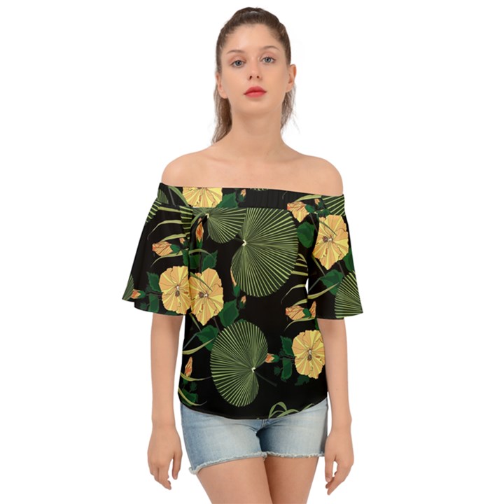 Tropical vintage yellow hibiscus floral green leaves seamless pattern black background. Off Shoulder Short Sleeve Top