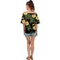 Tropical vintage yellow hibiscus floral green leaves seamless pattern black background. Off Shoulder Short Sleeve Top View2