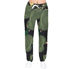 Tropical vintage yellow hibiscus floral green leaves seamless pattern black background. Women velvet Drawstring Pants