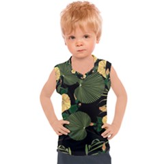 Tropical vintage yellow hibiscus floral green leaves seamless pattern black background. Kids  Sport Tank Top