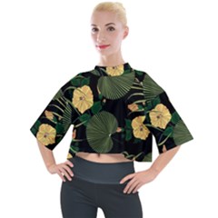 Tropical vintage yellow hibiscus floral green leaves seamless pattern black background. Mock Neck Tee