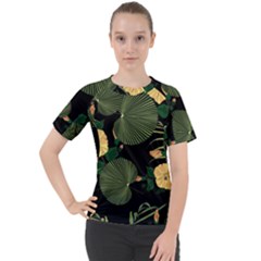 Tropical vintage yellow hibiscus floral green leaves seamless pattern black background. Women s Sport Raglan Tee
