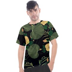 Tropical vintage yellow hibiscus floral green leaves seamless pattern black background. Men s Sport Top