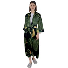 Tropical Vintage Yellow Hibiscus Floral Green Leaves Seamless Pattern Black Background  Maxi Satin Kimono by Sobalvarro