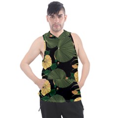 Tropical vintage yellow hibiscus floral green leaves seamless pattern black background. Men s Sleeveless Hoodie