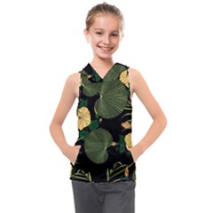 Tropical Vintage Yellow Hibiscus Floral Green Leaves Seamless Pattern Black Background  Kids  Sleeveless Hoodie by Sobalvarro