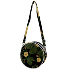 Tropical Vintage Yellow Hibiscus Floral Green Leaves Seamless Pattern Black Background  Crossbody Circle Bag by Sobalvarro