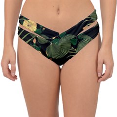 Tropical vintage yellow hibiscus floral green leaves seamless pattern black background. Double Strap Halter Bikini Bottom