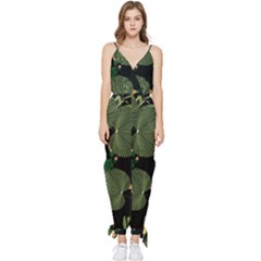 Tropical vintage yellow hibiscus floral green leaves seamless pattern black background. Sleeveless Tie Ankle Jumpsuit