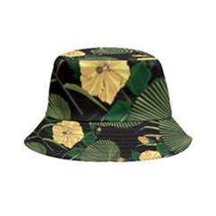 Tropical Vintage Yellow Hibiscus Floral Green Leaves Seamless Pattern Black Background  Inside Out Bucket Hat by Sobalvarro