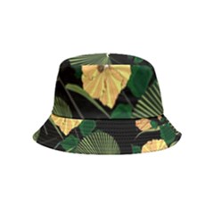 Tropical vintage yellow hibiscus floral green leaves seamless pattern black background. Inside Out Bucket Hat (Kids)