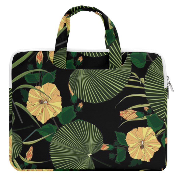 Tropical vintage yellow hibiscus floral green leaves seamless pattern black background. MacBook Pro Double Pocket Laptop Bag