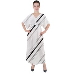 High Contrast Minimalist Black And White Modern Abstract Linear Geometric Style Design V-neck Boho Style Maxi Dress by dflcprintsclothing
